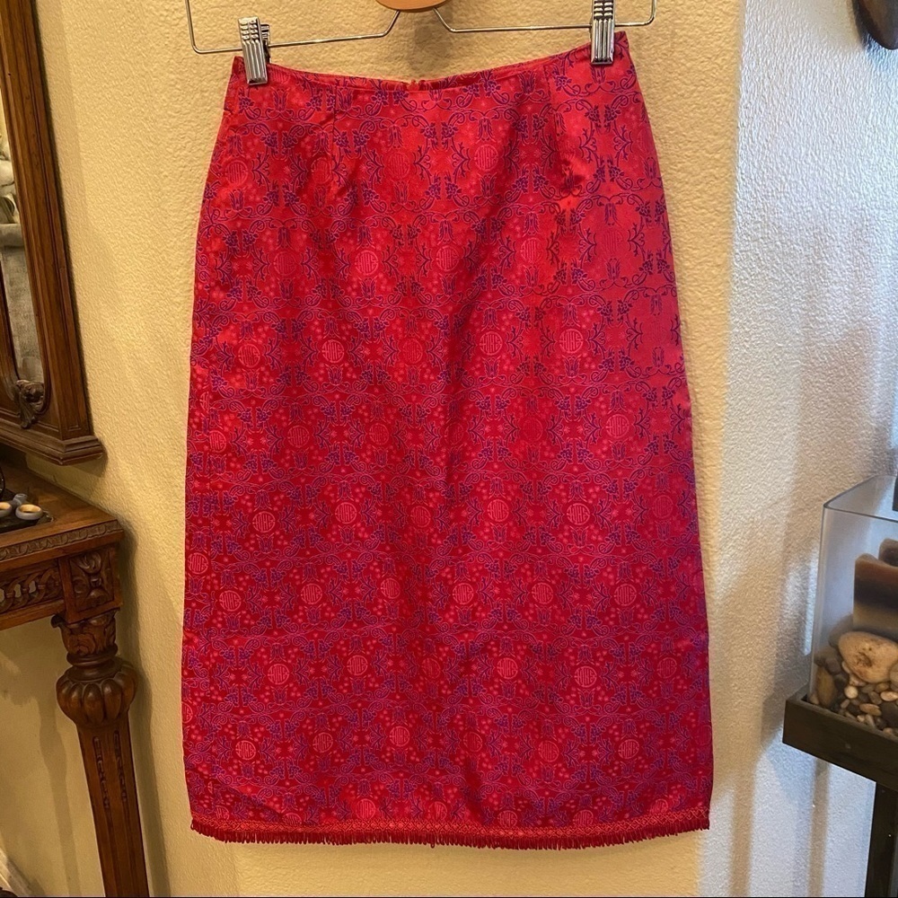 Vtg CONSPICUOUS Women Pink Asian Patterned Tasseled Skirt-Petite-Made in England